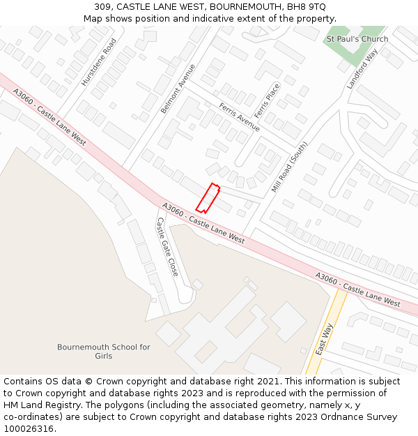 309, CASTLE LANE WEST, BOURNEMOUTH, BH8 9TQ: Location map and indicative extent of plot