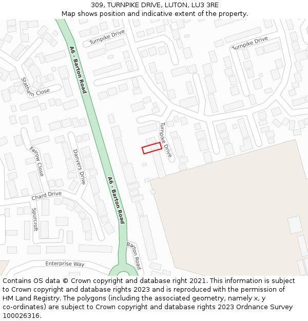 309, TURNPIKE DRIVE, LUTON, LU3 3RE: Location map and indicative extent of plot