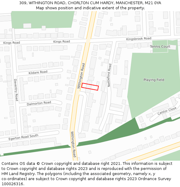 309, WITHINGTON ROAD, CHORLTON CUM HARDY, MANCHESTER, M21 0YA: Location map and indicative extent of plot