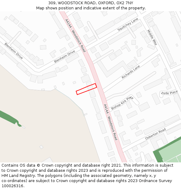 309, WOODSTOCK ROAD, OXFORD, OX2 7NY: Location map and indicative extent of plot