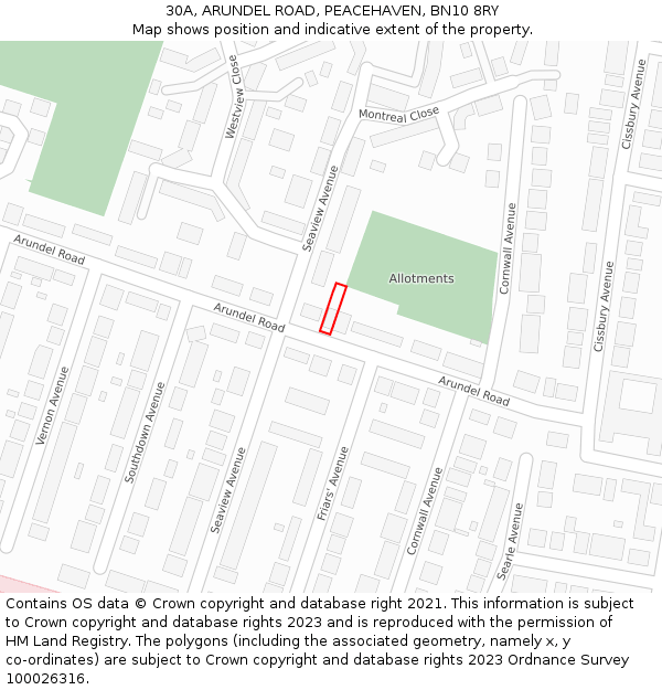 30A, ARUNDEL ROAD, PEACEHAVEN, BN10 8RY: Location map and indicative extent of plot