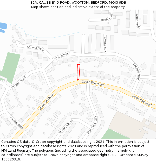 30A, CAUSE END ROAD, WOOTTON, BEDFORD, MK43 9DB: Location map and indicative extent of plot