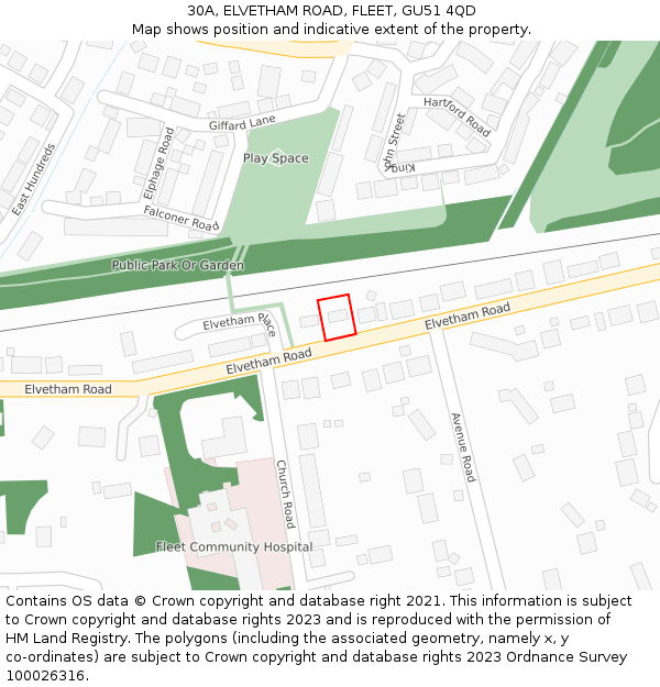 30A, ELVETHAM ROAD, FLEET, GU51 4QD: Location map and indicative extent of plot