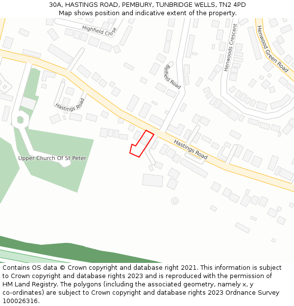 30A, HASTINGS ROAD, PEMBURY, TUNBRIDGE WELLS, TN2 4PD: Location map and indicative extent of plot