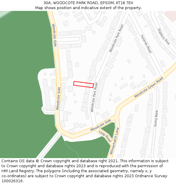 30A, WOODCOTE PARK ROAD, EPSOM, KT18 7EX: Location map and indicative extent of plot