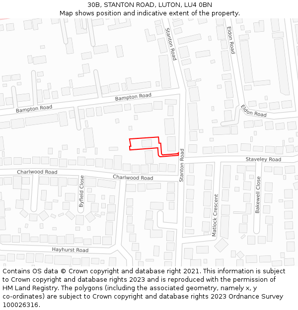 30B, STANTON ROAD, LUTON, LU4 0BN: Location map and indicative extent of plot