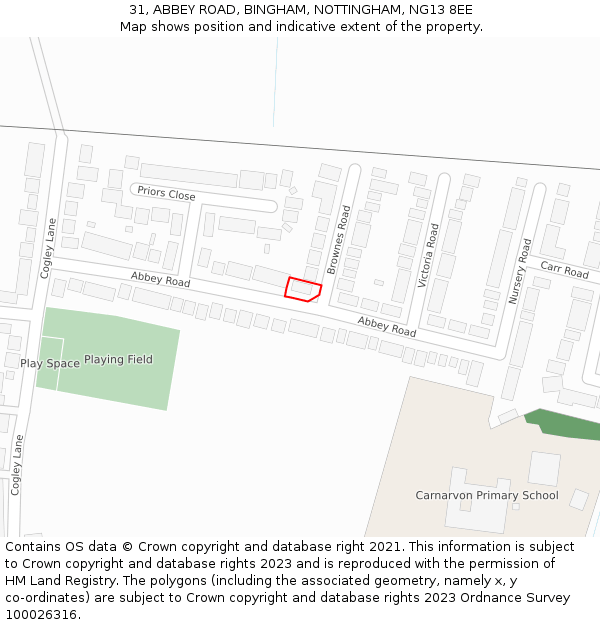 31, ABBEY ROAD, BINGHAM, NOTTINGHAM, NG13 8EE: Location map and indicative extent of plot