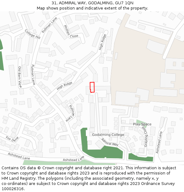 31, ADMIRAL WAY, GODALMING, GU7 1QN: Location map and indicative extent of plot