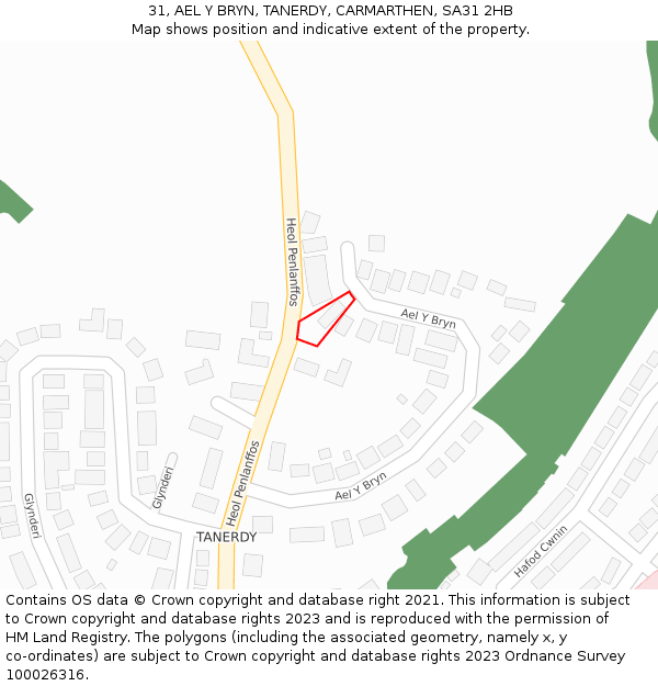 31, AEL Y BRYN, TANERDY, CARMARTHEN, SA31 2HB: Location map and indicative extent of plot