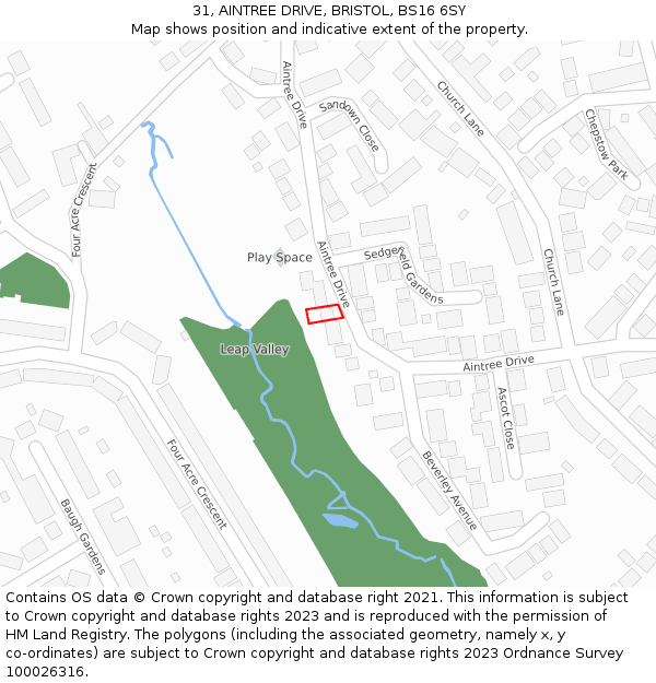 31, AINTREE DRIVE, BRISTOL, BS16 6SY: Location map and indicative extent of plot