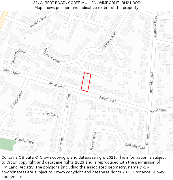 31, ALBERT ROAD, CORFE MULLEN, WIMBORNE, BH21 3QD: Location map and indicative extent of plot