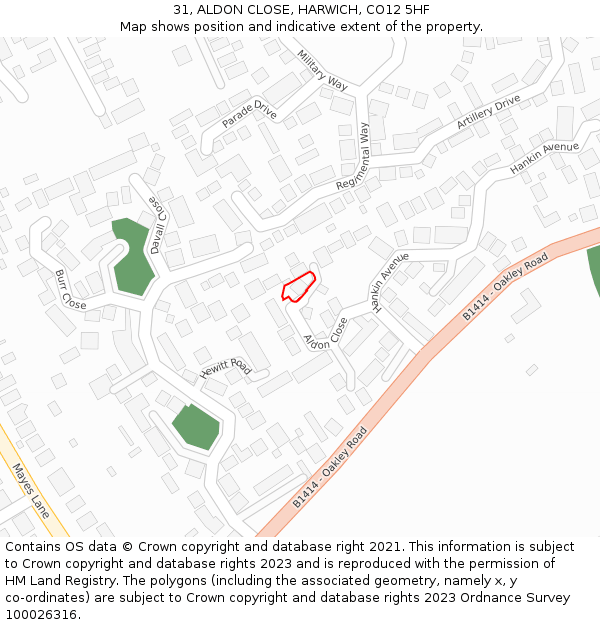 31, ALDON CLOSE, HARWICH, CO12 5HF: Location map and indicative extent of plot