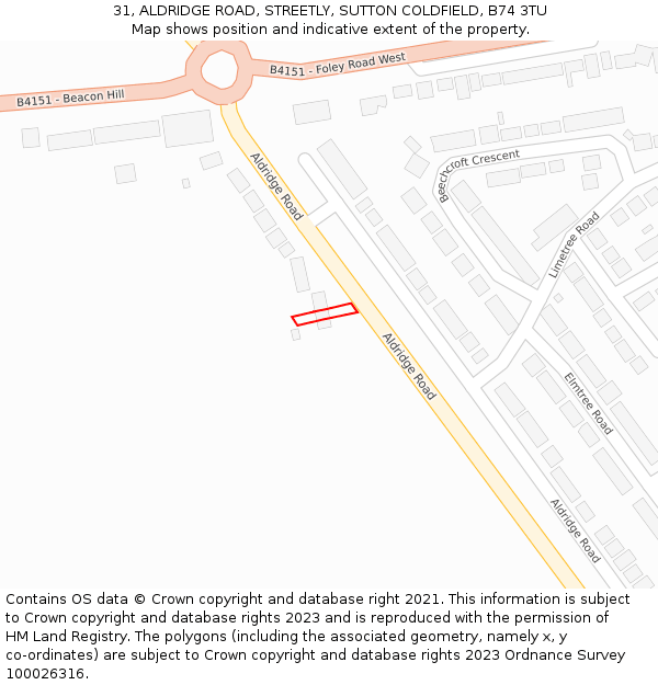 31, ALDRIDGE ROAD, STREETLY, SUTTON COLDFIELD, B74 3TU: Location map and indicative extent of plot