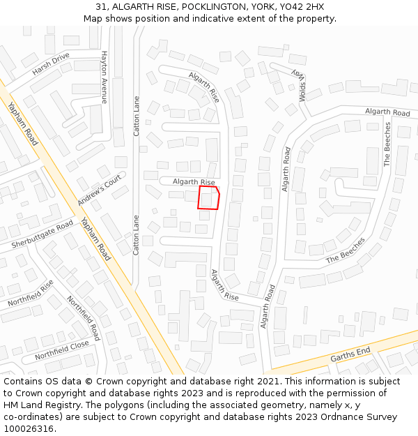 31, ALGARTH RISE, POCKLINGTON, YORK, YO42 2HX: Location map and indicative extent of plot