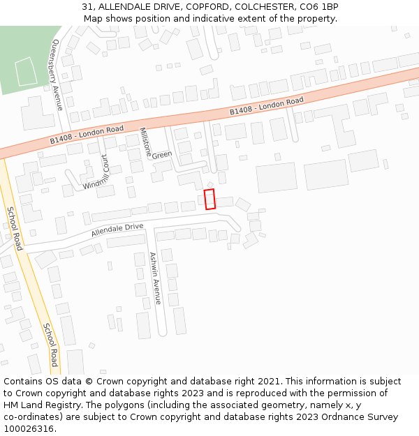 31, ALLENDALE DRIVE, COPFORD, COLCHESTER, CO6 1BP: Location map and indicative extent of plot