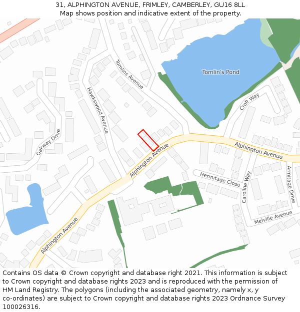 31, ALPHINGTON AVENUE, FRIMLEY, CAMBERLEY, GU16 8LL: Location map and indicative extent of plot