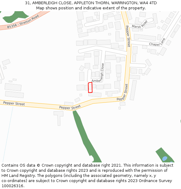 31, AMBERLEIGH CLOSE, APPLETON THORN, WARRINGTON, WA4 4TD: Location map and indicative extent of plot