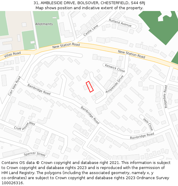 31, AMBLESIDE DRIVE, BOLSOVER, CHESTERFIELD, S44 6RJ: Location map and indicative extent of plot