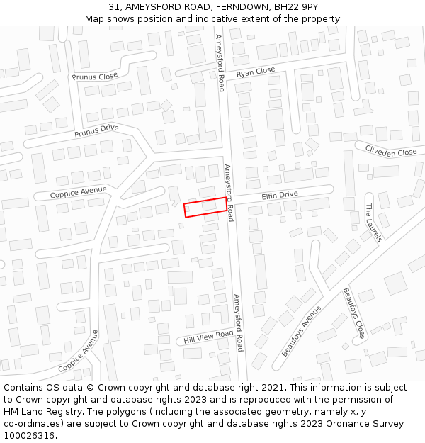 31, AMEYSFORD ROAD, FERNDOWN, BH22 9PY: Location map and indicative extent of plot