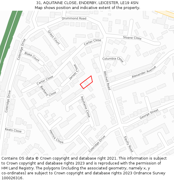 31, AQUITAINE CLOSE, ENDERBY, LEICESTER, LE19 4SN: Location map and indicative extent of plot