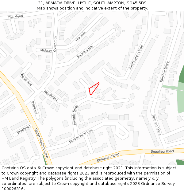 31, ARMADA DRIVE, HYTHE, SOUTHAMPTON, SO45 5BS: Location map and indicative extent of plot