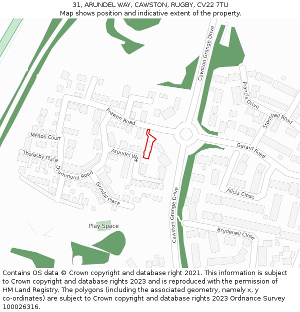 31, ARUNDEL WAY, CAWSTON, RUGBY, CV22 7TU: Location map and indicative extent of plot