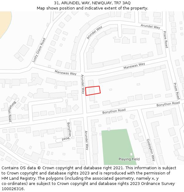 31, ARUNDEL WAY, NEWQUAY, TR7 3AQ: Location map and indicative extent of plot