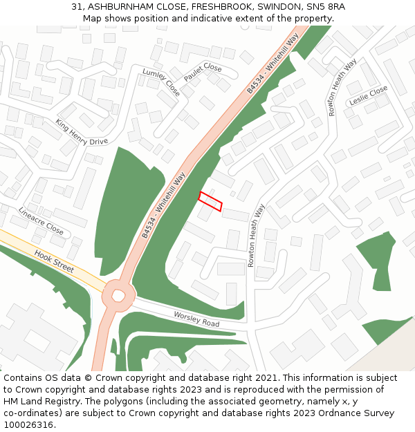 31, ASHBURNHAM CLOSE, FRESHBROOK, SWINDON, SN5 8RA: Location map and indicative extent of plot