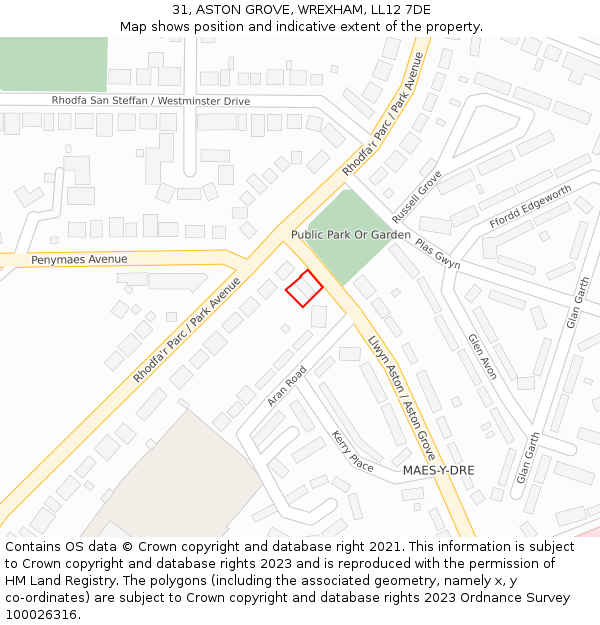 31, ASTON GROVE, WREXHAM, LL12 7DE: Location map and indicative extent of plot