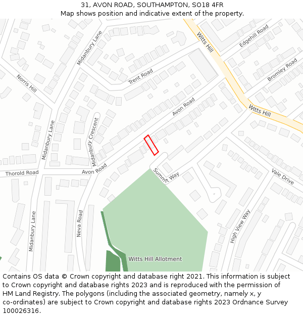 31, AVON ROAD, SOUTHAMPTON, SO18 4FR: Location map and indicative extent of plot