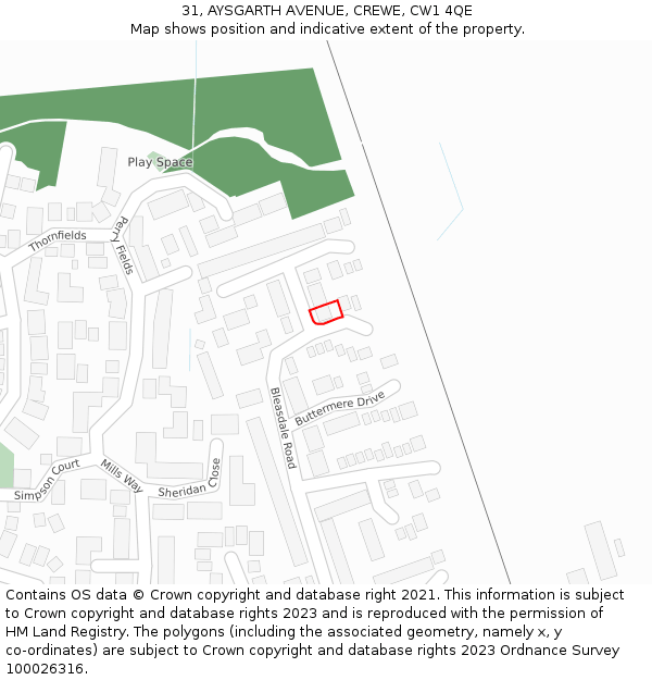 31, AYSGARTH AVENUE, CREWE, CW1 4QE: Location map and indicative extent of plot