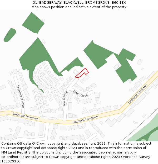31, BADGER WAY, BLACKWELL, BROMSGROVE, B60 1EX: Location map and indicative extent of plot