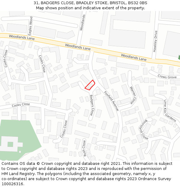 31, BADGERS CLOSE, BRADLEY STOKE, BRISTOL, BS32 0BS: Location map and indicative extent of plot