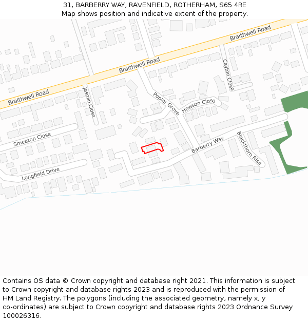 31, BARBERRY WAY, RAVENFIELD, ROTHERHAM, S65 4RE: Location map and indicative extent of plot