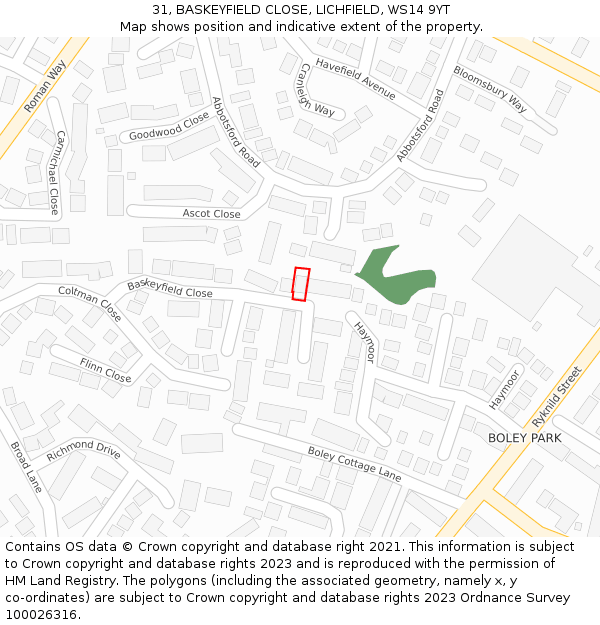 31, BASKEYFIELD CLOSE, LICHFIELD, WS14 9YT: Location map and indicative extent of plot