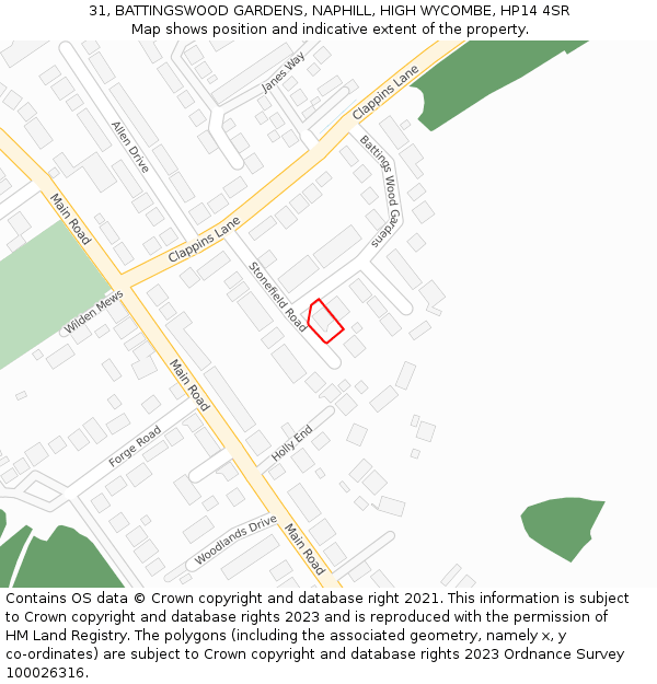 31, BATTINGSWOOD GARDENS, NAPHILL, HIGH WYCOMBE, HP14 4SR: Location map and indicative extent of plot