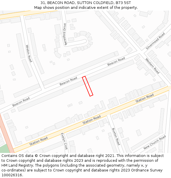 31, BEACON ROAD, SUTTON COLDFIELD, B73 5ST: Location map and indicative extent of plot
