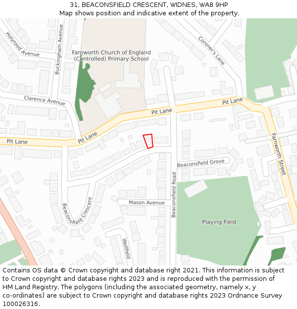 31, BEACONSFIELD CRESCENT, WIDNES, WA8 9HP: Location map and indicative extent of plot