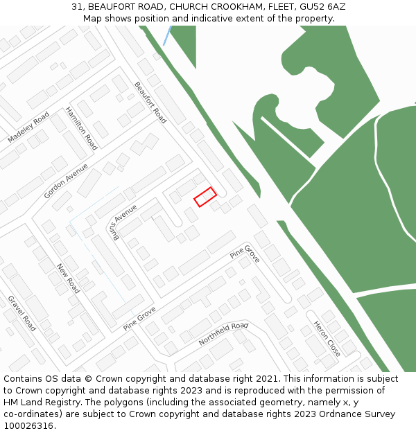 31, BEAUFORT ROAD, CHURCH CROOKHAM, FLEET, GU52 6AZ: Location map and indicative extent of plot