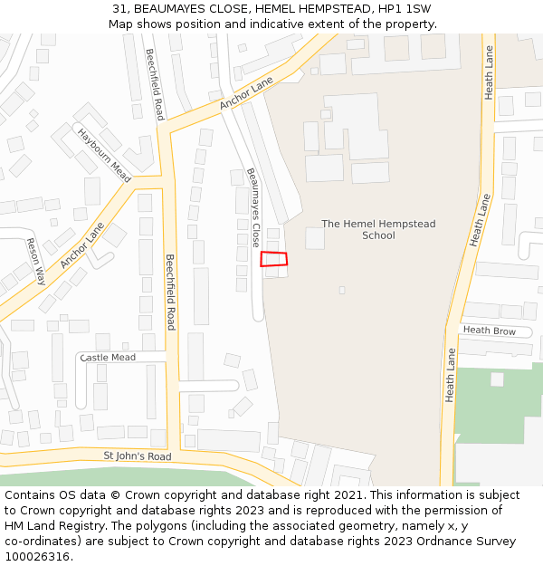 31, BEAUMAYES CLOSE, HEMEL HEMPSTEAD, HP1 1SW: Location map and indicative extent of plot