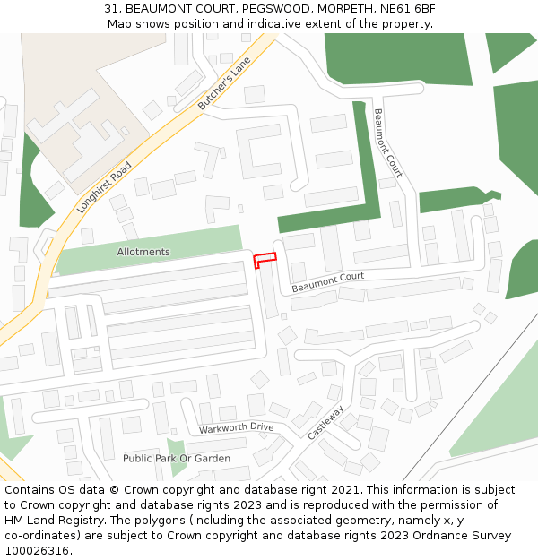 31, BEAUMONT COURT, PEGSWOOD, MORPETH, NE61 6BF: Location map and indicative extent of plot