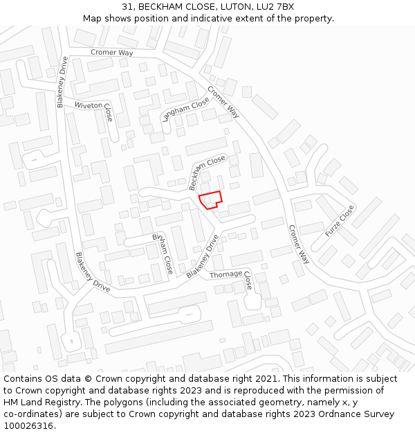 31, BECKHAM CLOSE, LUTON, LU2 7BX: Location map and indicative extent of plot