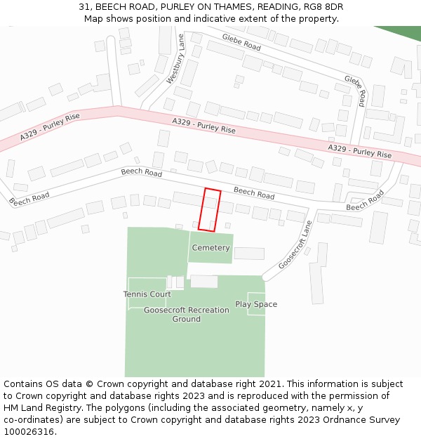 31, BEECH ROAD, PURLEY ON THAMES, READING, RG8 8DR: Location map and indicative extent of plot