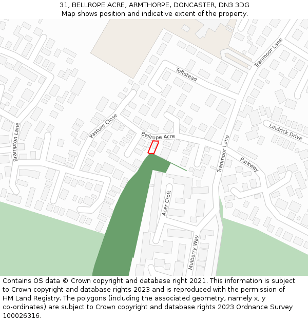 31, BELLROPE ACRE, ARMTHORPE, DONCASTER, DN3 3DG: Location map and indicative extent of plot