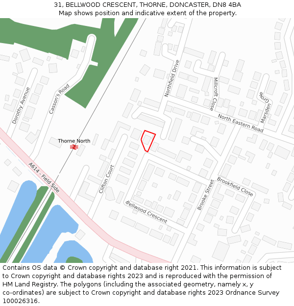 31, BELLWOOD CRESCENT, THORNE, DONCASTER, DN8 4BA: Location map and indicative extent of plot