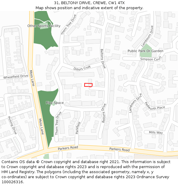 31, BELTONY DRIVE, CREWE, CW1 4TX: Location map and indicative extent of plot