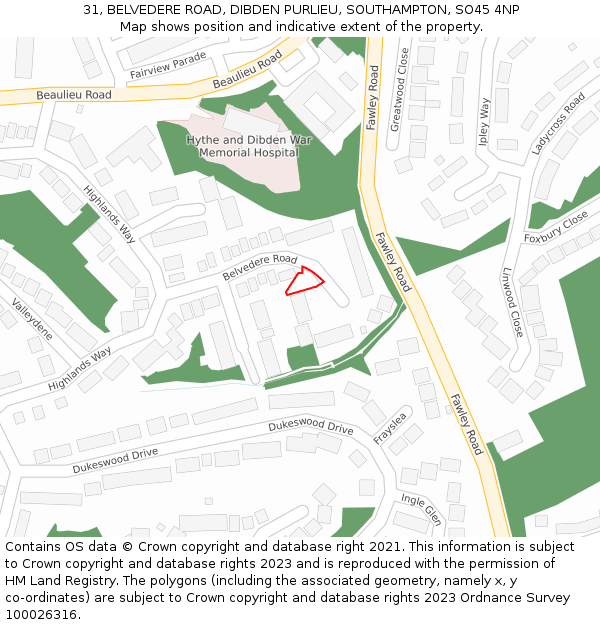 31, BELVEDERE ROAD, DIBDEN PURLIEU, SOUTHAMPTON, SO45 4NP: Location map and indicative extent of plot