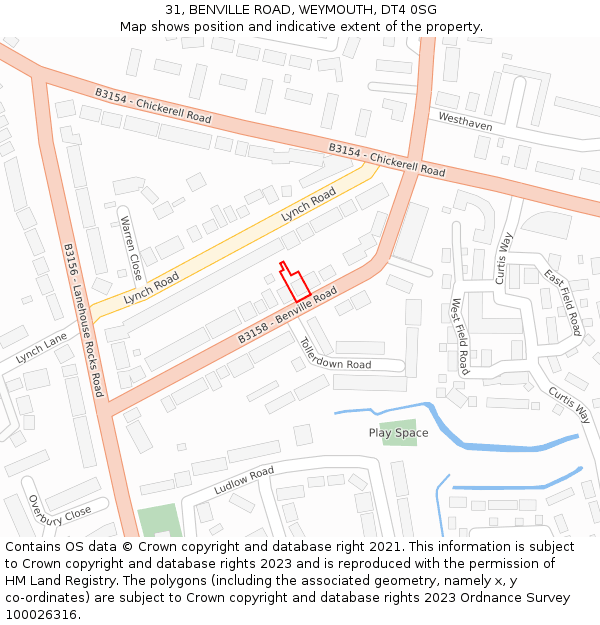 31, BENVILLE ROAD, WEYMOUTH, DT4 0SG: Location map and indicative extent of plot