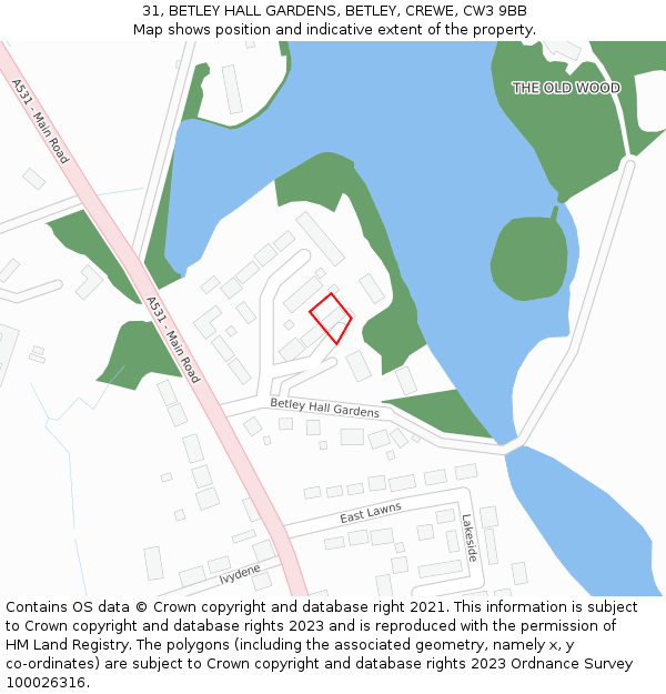 31, BETLEY HALL GARDENS, BETLEY, CREWE, CW3 9BB: Location map and indicative extent of plot