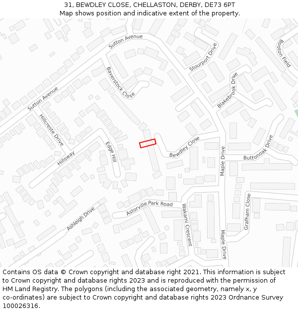 31, BEWDLEY CLOSE, CHELLASTON, DERBY, DE73 6PT: Location map and indicative extent of plot